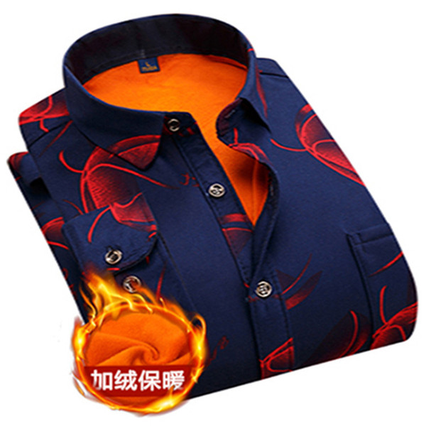 Classic Print Shirt Mens Camisa Hombre Winter Wool Warm Shirt Slim Fit Long Sleeve Casual Male Dress Shirts For Business