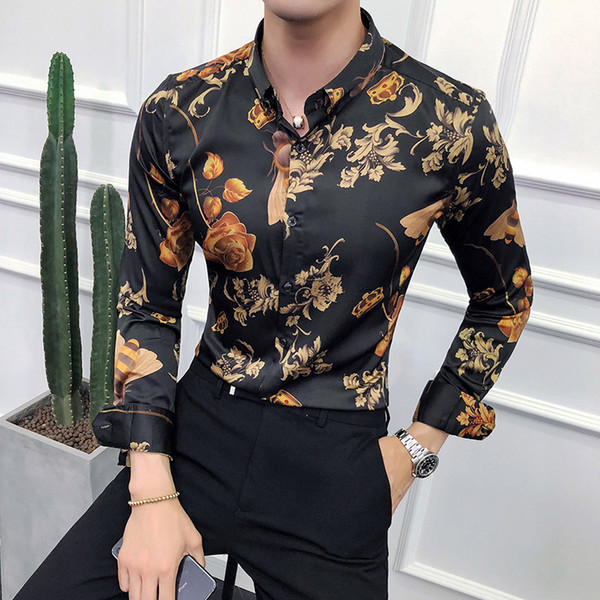 2018 New Fashion Men Shirt Rose Print Slim Fit Shirts Men's Long Sleeve Casual Dress Shirts Tuxedo Camisa Masculina