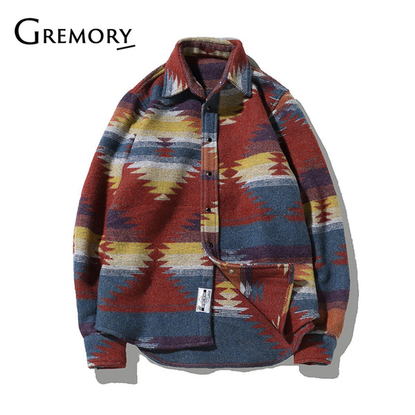 Folk-custom Shirts for Men Vintage Woolen Leisure Pattern dress casual Shirt Men Plus Size Streetwear Chemise Homme flannel