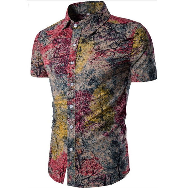 Men's Shirt New Men's Fashion Linen Shirt Men's Casual Slim Linen Print Short Sleeve Shirt