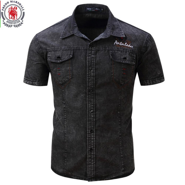 FREDD MARSHALL Brand New Shirt Men Short Sleeve Denim Shirt Mens Casual Dress Male Jean Shirts High Quality Street wearing