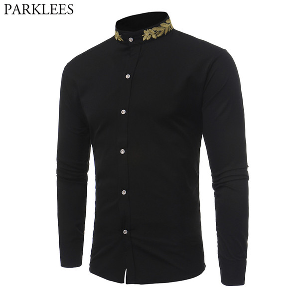 Stand Collar Men Shirt 2017 Brand New Gold Embroidery Men Shirt Long Sleeve Slim Fit Cotton Male Shirts Casual Mens Dress Shirts