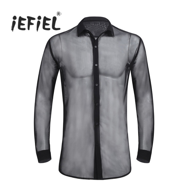 iEFiEL Sexy Mens Fashionable See Through Mesh Long Sleeve Clubwear Soft Top Shirt Wetlook Night Party Clothing for Mens Shirts