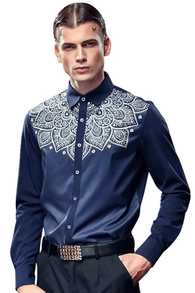 High Quality Men Royal Prince Navy Blue Slim Dress Shirts Male Floral Printed Long sleeve Top shirts Party Retro 612122