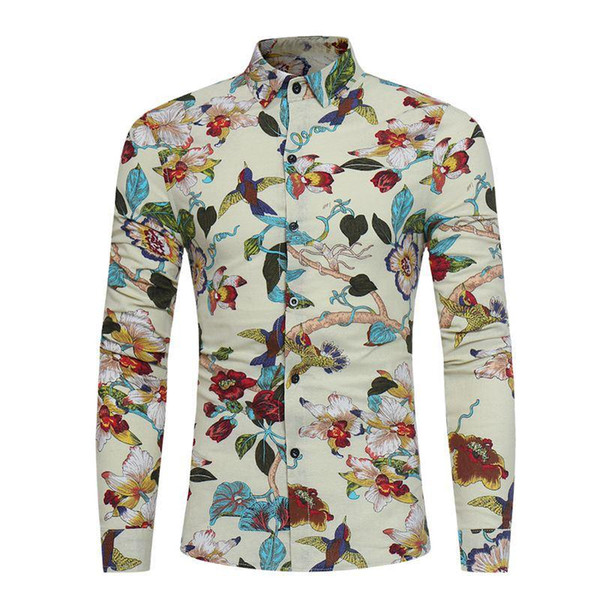 2018 Spring New Men's Clothing Long Sleeved Flowers Bird Printed Slim Men's Shirt Fashion Male Casual Business Social Shirt CS07