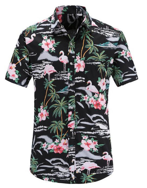 Flamingos Printed Summer Slim Tops Men Shirt Beach Hawaiian Men Dress Shirt Short Sleeve Print Casual US Size