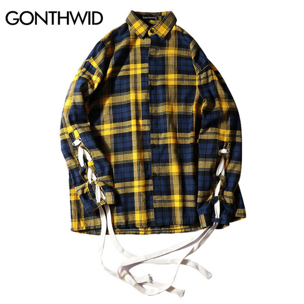 GONTHWID Lace-Up Sleeve Plaid Shirts 2017 Mens Hip Hop Casual Long Sleeve Shirts Fashion Swag Hipster Streetwear Yellow Red Blue