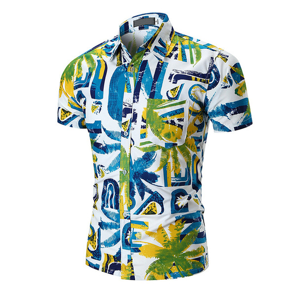 BO 2018 summer new tide beach shirts printed shirt Coconut trees short sleeve shirt