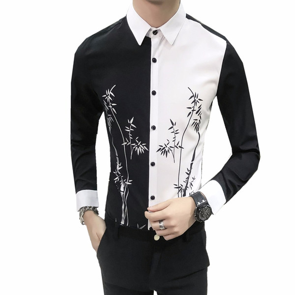 Brand New Shirt Men Fashion 2018 Autumn Bamboo Print Men Dress Shirts Long Sleeve Casual Patchwork Color Blouse Homme 3XL-M Sale