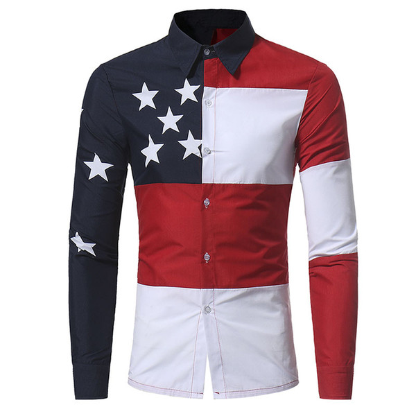 U.S.A. American Flag Pattern Patchwork Shirts Brand-clothing Mens Dress Shirts Long sleeve Slim Fit Casual Man Chemise homme