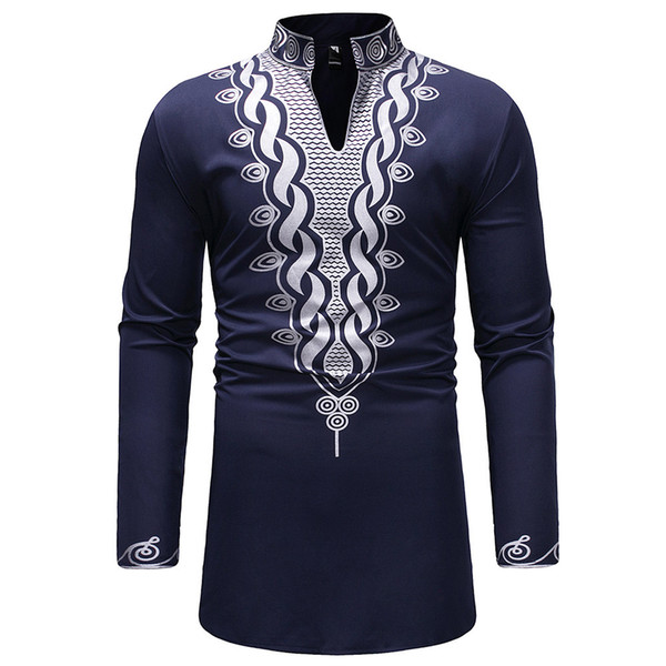 MUQGEW men shirt slim fit french cufflinks men Men's Autumn Winter Luxury African Print Long Sleeve Dashiki Shirt Top Blouse#G4