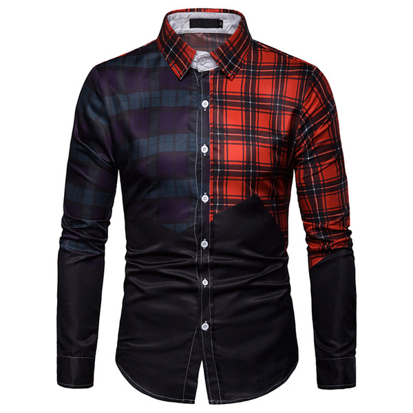 Lattice Plaid Patchwork Clothes Men Slim Fit Casual Shirt Long Sleeve Large Size Tops Males Fashion Elegant Blouse Shirts /PT