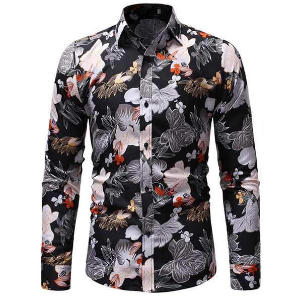 2019 Point Collar Flower Prints Shirts Mens Clothes Long Sleeve Mens Dress Shirts Casual Slim fit Camisa Social Masculina 021316