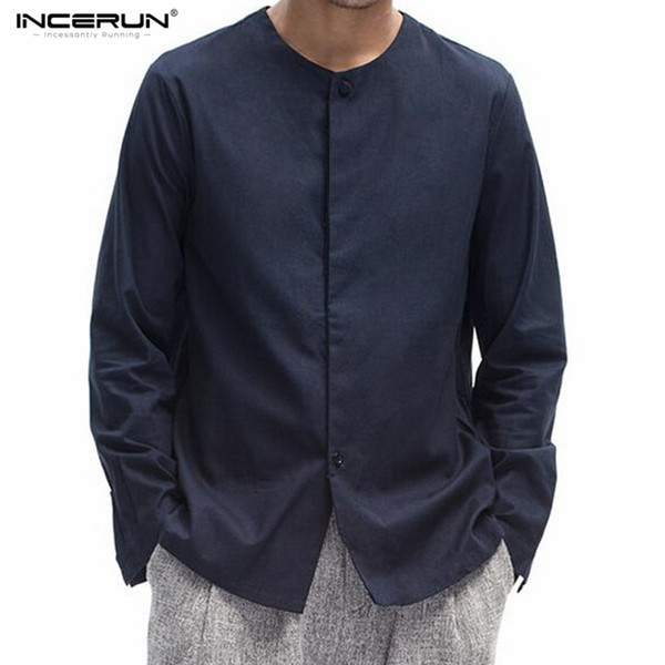 INCERUN Men's Chinese Style Solid Long Sleeve Collarless Shirt Men Casual Slim Fit Cotton Linen Shirts Men Shirt Without Collar