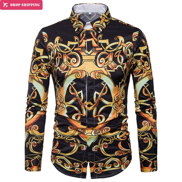 Luxury Design Gold Floral Print Men's Dress Shirts 2018 Brand New Slim Fit Long Sleeve Shirt Men Casual Stylish Chemise Homme