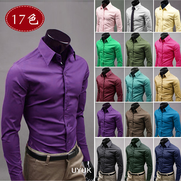 Men's Fashion Casual Solid Candy Color Long Sleeve Slim Fit Dress Shirt TopFemmes camisa chemise camicia Mujer Clothes