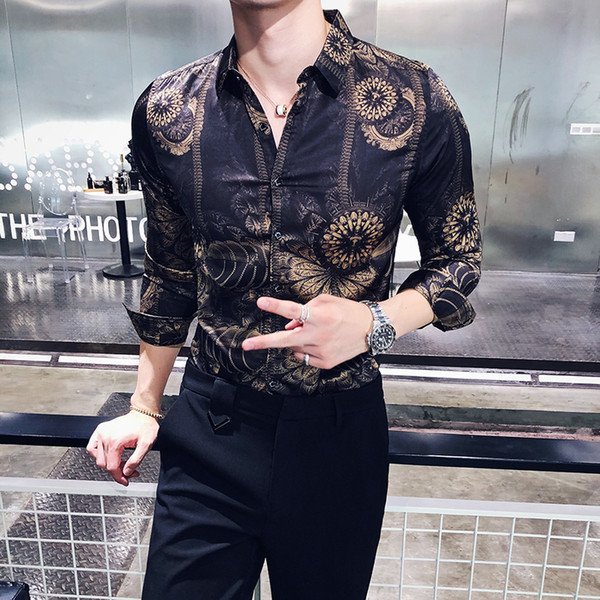 Gold Black Shirt Men 2018 New Autumn Long Sleeve Button Down Party Club Shirt Men Designer Camisa Masculina Casual 3xl