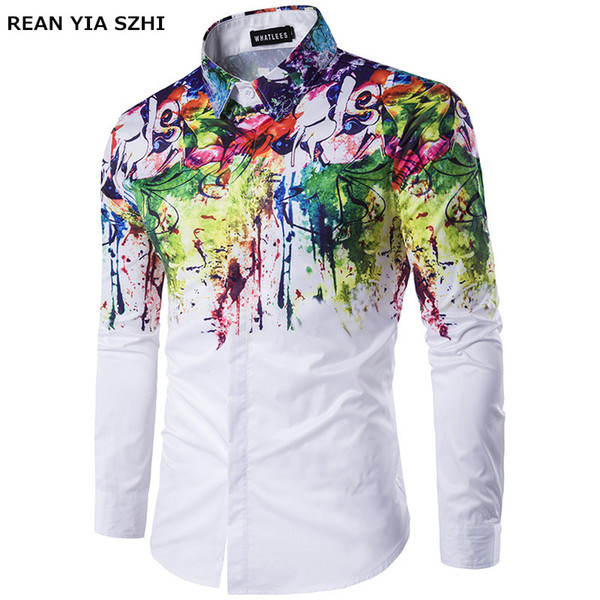 2018 Hot Men Fashion men shirt Pattern Design Long Sleeve Paint Color Print Slim Fit Casual shirt Size M-3XL