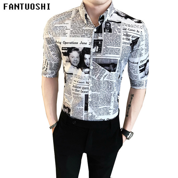 2018 New summer Printed newspaper shirt male casual shirts high quality hawaiian shirts cotton men short-sleeve