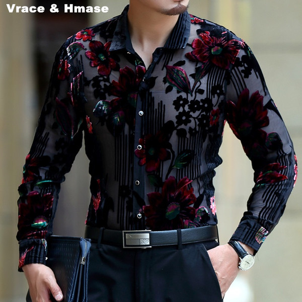 Exquisite flower pattern silk gold velvet hollow high-end shirt 2018 Spring&Autumn new fashion casual quality men shirt M-XXXL