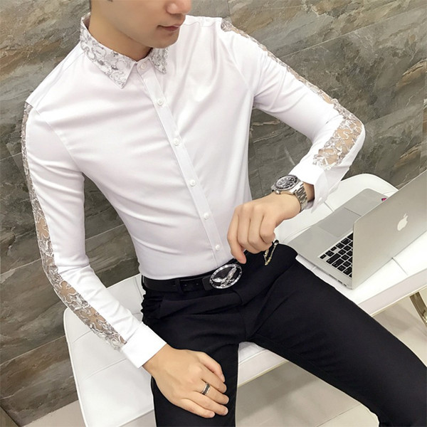 2018 New Casual Shirt Men Hot Sale Quality Sexy Lace Long Sleeve Party Dress Shirts Slim Fit Luxury Night Club Social Tuxedo Men