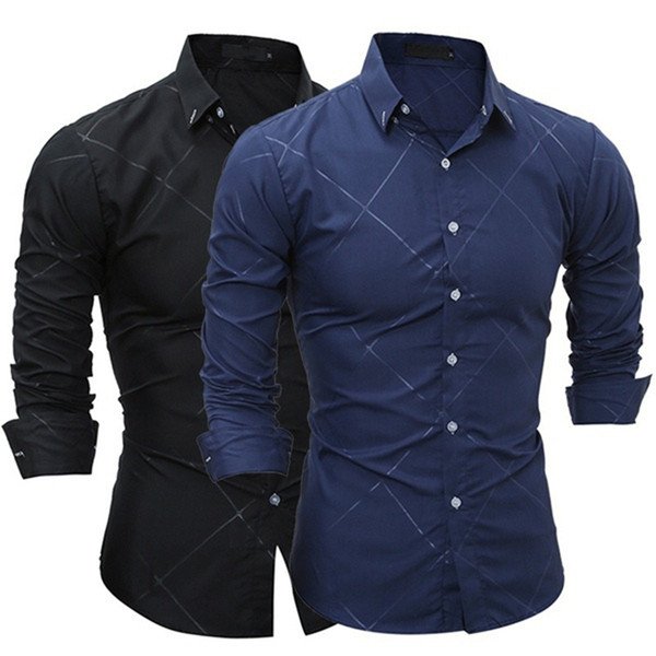 2017 Newest Black Blue Fashion Classic Men Turn-down Collar Long Sleeve Shirt Dark Embosse