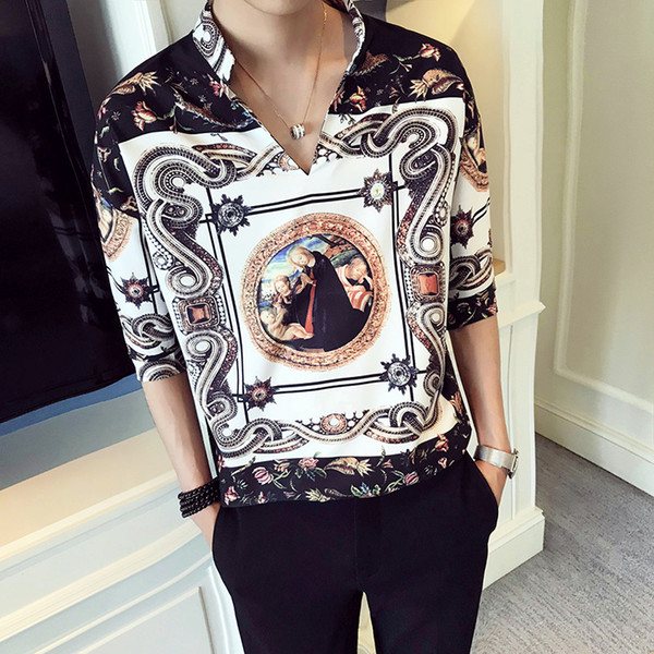 Vintage Shirt Men 2018 Summer Fashion Designer Gold Male Shirt Homme Camisetas Hombre Standcollar Pullover V Shape