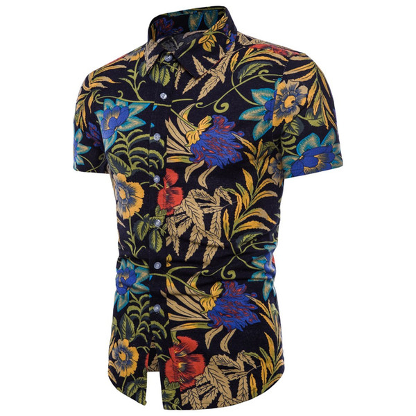 feitong hawaiian shirt Men Summer Bohe Floral Short Sleeve slim fit Linen Basic Shirt Blouse Men Top Plus Size camisas de hombre