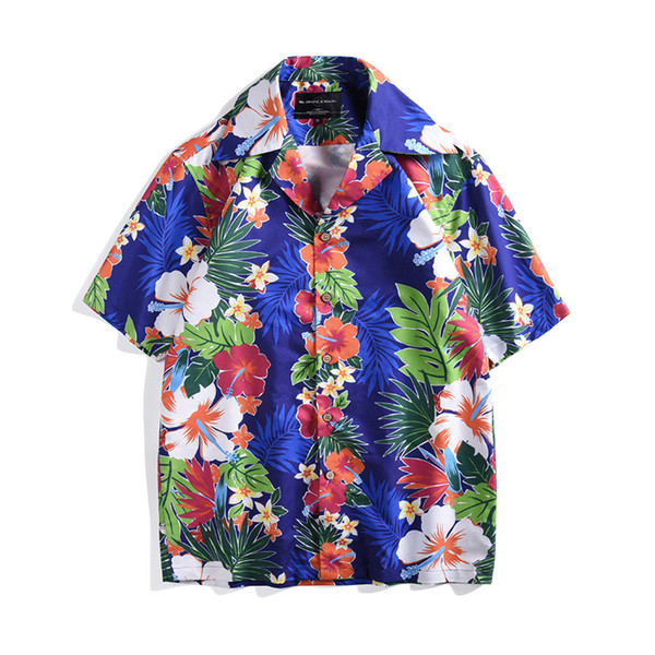 2019 Floral Print Hawaiian Shirt Casual Tropical Seaside Vacation Beach Men's Shirts Summer Short Sleeve Loose Blue Shirts Tops