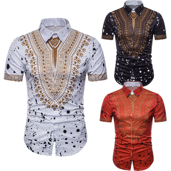 New Style Men Short Sleeve Slim Fit V Neck Short Sleeve Muscle Print Button Casual Tops Summer Shirt