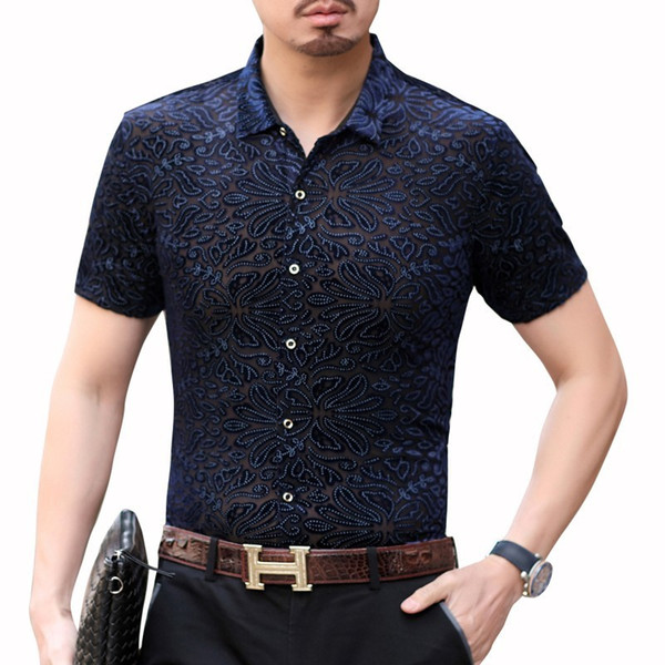 2019 Fashion Streetwear Shirt Short Sleeve Camisa Hombre Velvet Shirt Hawaiian Man Transparent Camicia Uomo Camisa Social