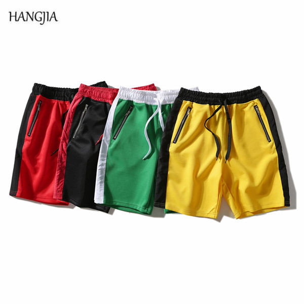 [HANGJIA] High Street Men's Side Zipper Casual Shorts Hit Color Stitching Summer Loose Casual Shorts Youth Hip-Hop Knee Length