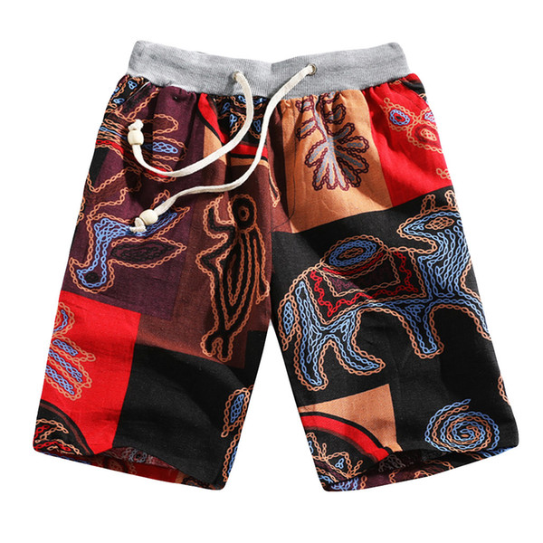 New Summer Beach Pants Men's Elastic Waist Fashion Ethnic Style Printed Loose Linen Beach Shorts Pants plus size L415