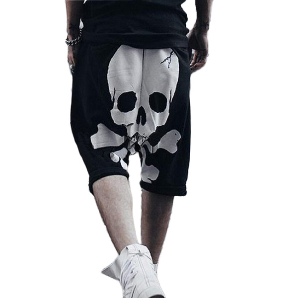 4XL Skull Print Men's hip hop harem shorts Cropped skull printed Jogger Trousers male knee length dance shorts black plus size