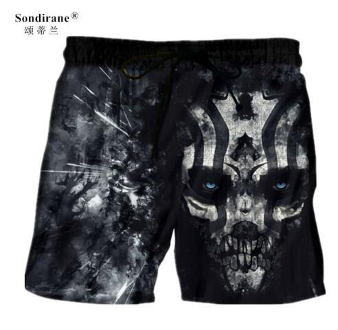 Sondirane New Fashion Men's Black Horror Skull 3D Print Casual Beach Shorts Summer Quick Dry Elastic Waist Fitnees Board Shorts