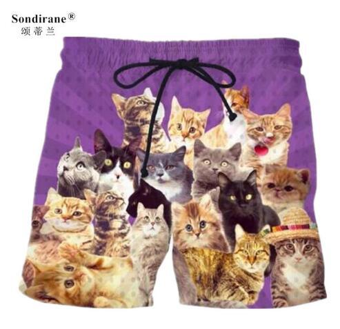 Sondirane Fashion Men's Classic Animal Cat Funny 3D Print Shorts Funny Hip Hop Beach Shorts Summer Men Elastic Waist Boardshorts