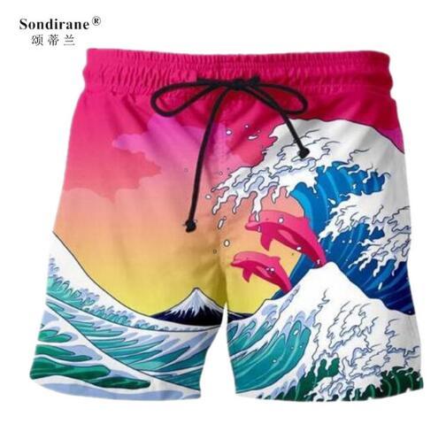 Sondirane New Fashion 3D Print Waves Pattern Creative Shorts Summer Quick Dry Beach Shorts Casual Men Elastic Waist Board Shorts