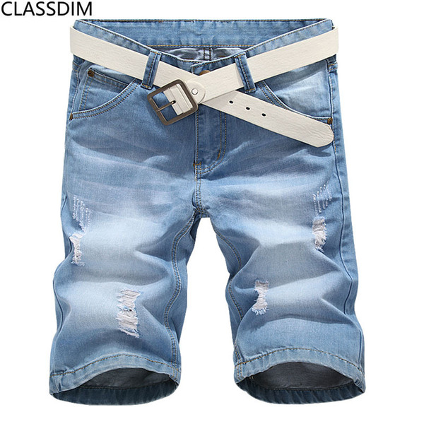 Men short Jeans New summer Male solid color Cotton holes Denim Shorts Casual Knee Length Light Blue jeans shorts Size 40