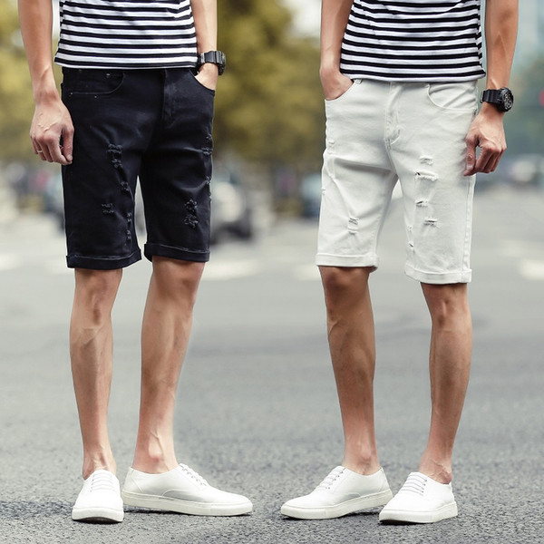 Men's Cotton Thin White Short Jeans Hole Denim shorts Male Slim Stretch shorts New Summer short pants Size 36