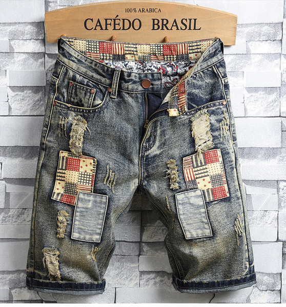 Men's Summer Begging Hole Patch Denim Shorts Men's Summer Fashion Straight Knee Length Denim Shorts Jeans Size 28-40