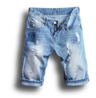 Men Jean Shorts Summer Ripped Denim Blue Half Knee Length Shorts Slim Fit Shorts