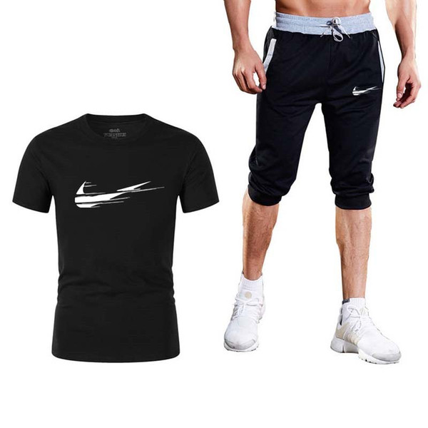 Summer Brand logo New Mens Joggers Casual Shorts+T Shirts 2 piece set Gyms Track Shorts Fashion Male sweatshirt Men Clothing 3XL