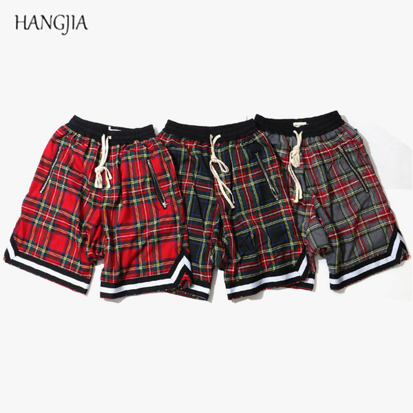 Men's Scottish Plaid Shorts Fashion Streetwear Side Zipper Mesh Stretch Waist Loose Knee length Justin Bieber Same Short