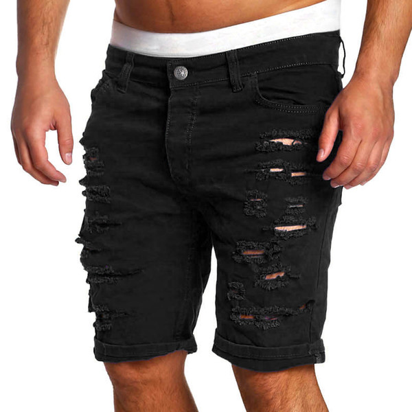 Fashion Ripped Hole Denim Shorts Men Black White Slim Skinny Straight Casual Jeans Shorts Men Vintage Low Waist short homme