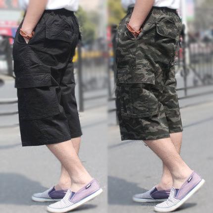 Mens clothing Men shorts Pockets Cargo shorts Plus size Camo casual hiphop loose cotton twill Zippers elastic waist young black