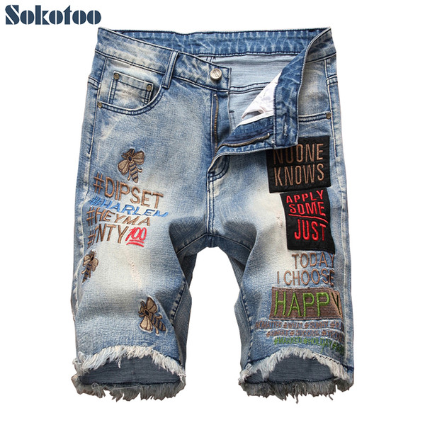 Sokotoo Men's knee length letters embroidery fringe shorts Plus size bees embroidered patches slim straight denim jeans