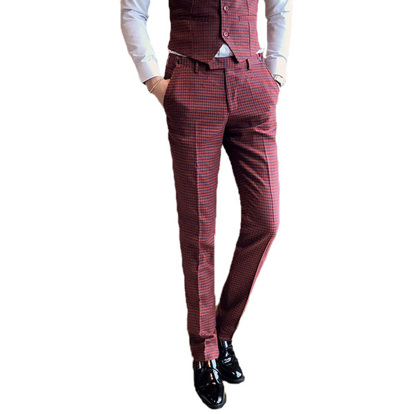 2018 Men's Red Suit Pants Fashion Fit Elegant Men Small Plaid Trousers Size 29 30 31 32 33 34