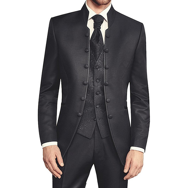 Black Wedding Groom Tuxedos Best Men Suits Retro Custom Slim Fit Three Piece Jacket Pants Harringbone Vest Male Blazer 