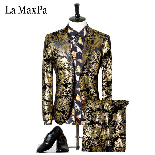 La MaxPa (jacket+pants) Fashion brand male singer men suit spring casual suit slim fit groom party wedding gold stamping