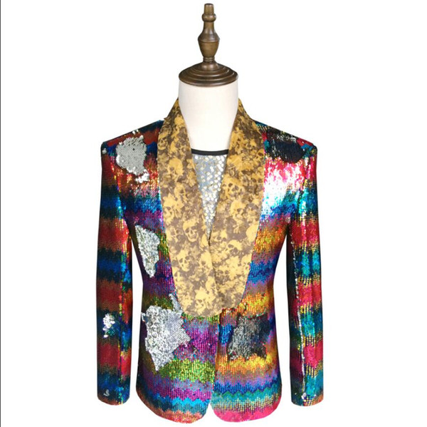 Men's Rainbow color sequins costumes men singer stage personality performance clothing star singing party host suits Jackets